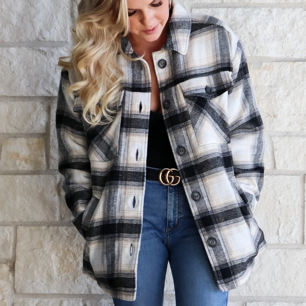 Love Tree Fleece Lined Plaid Oversized Western Chore Jacket Shacket Coat Med H